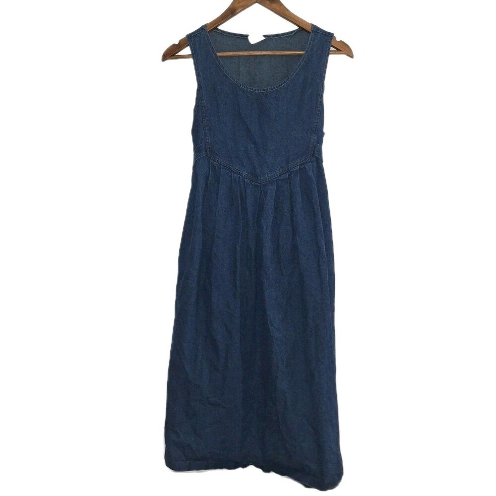 Vtg Denim Jean Midi Dress Sz 5/6 Bodice Detail Pockets Waist Tie Made In USA